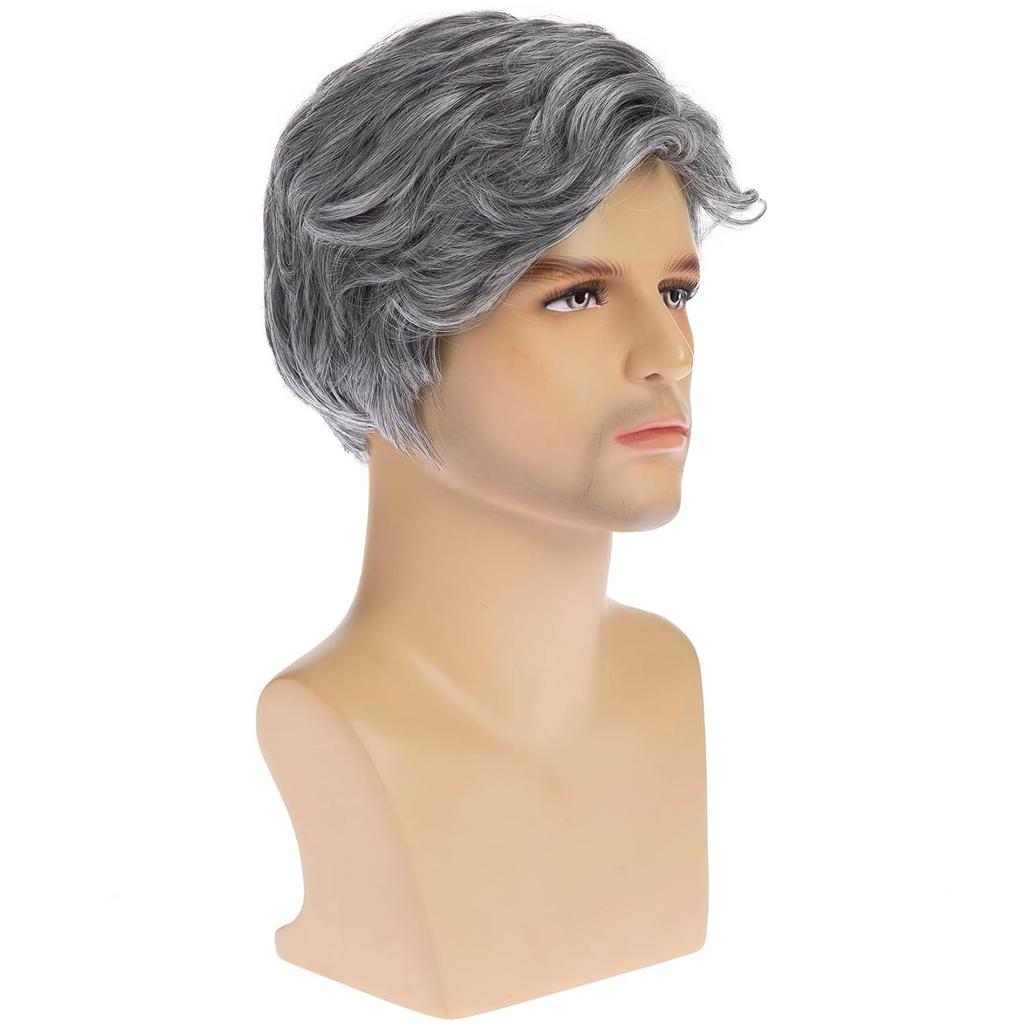 Middle-Aged Men's Side-Part Textured Wig, Grey Short High-Temperature Fiber Hairpiece