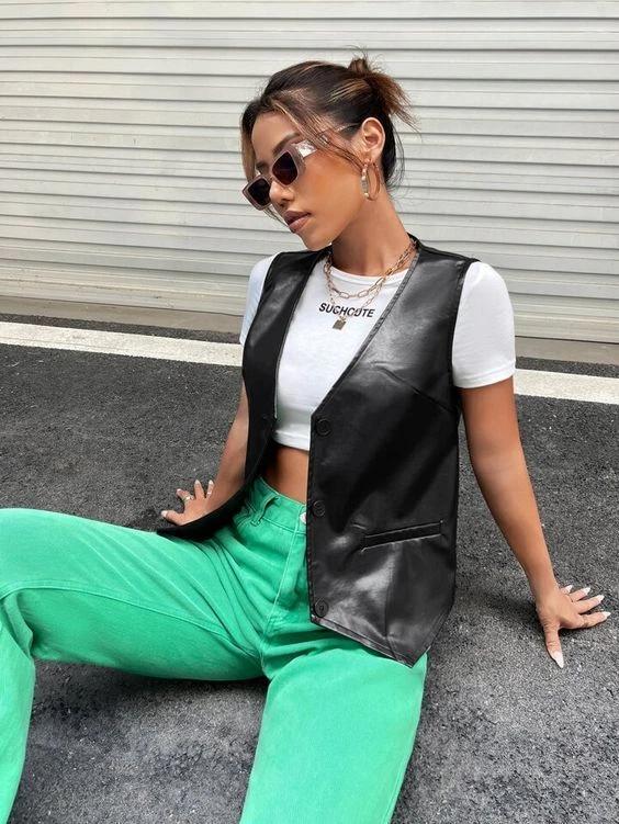 Button Real Leather Waistcoat Black Lambskin Western Vest Coat Women Classic