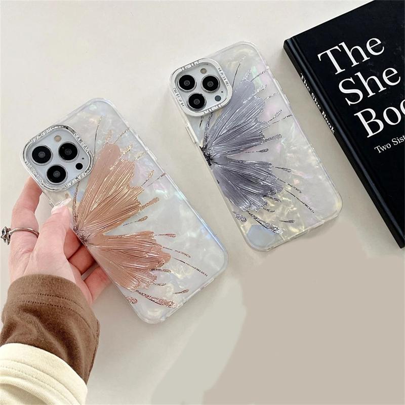 Koreansk Luksus Plating Glitter Butterfly Shell Mønster Telefonveske For iPhone 15 14 13 12 Pro Max 11 Lens Protective Bumper Cover
