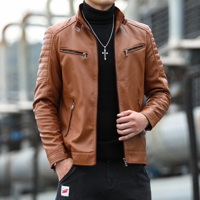 Leather jacket for men autumn and winter new Korean style slim short trendy stand collar men's leather jacket trendy brand motorcycle jacket for men