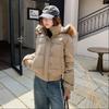 Winter versatile navy blue hooded fur collar short cotton-padded jacket women's new warm thickened down cotton-padded jacket