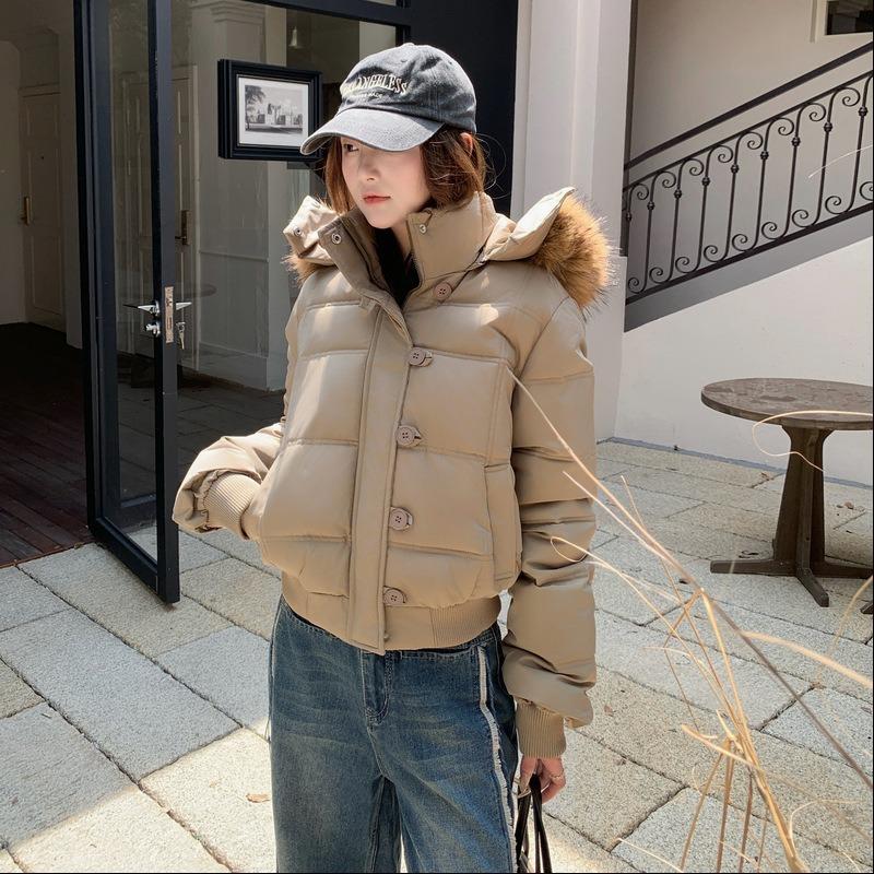 Winter versatile navy blue hooded fur collar short cotton-padded jacket women's new warm thickened down cotton-padded jacket
