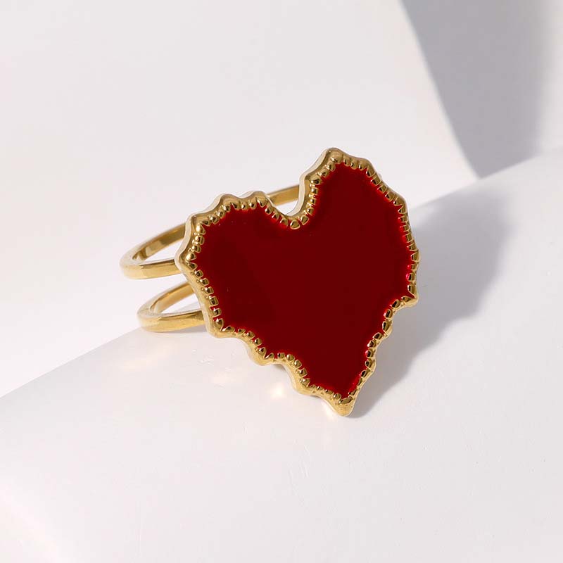 Vintage Red Drip Oil Geometric Rings for Women Stainless Steel Gold Color Heart Opening Adjustable Finger Rings Jewelry New