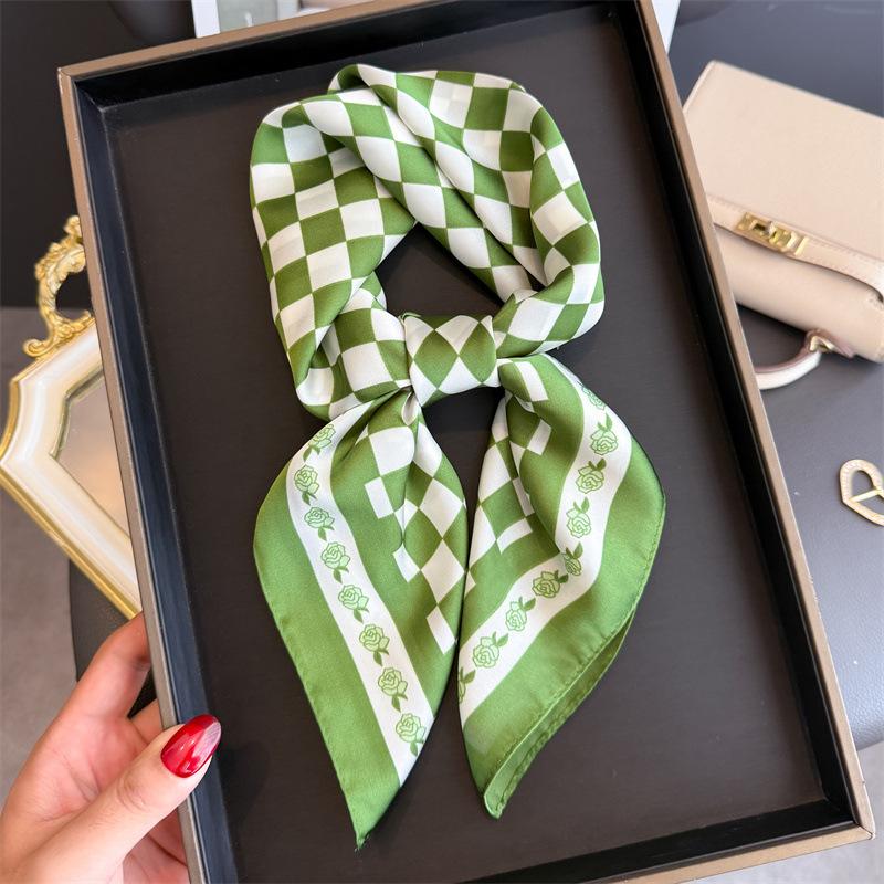 Luxury Women Silk Hijab Scarf Bandana Wrap White Green Grid Designer Square Scarves Neckerchief Shawl Kerchief Hair Band Foulard