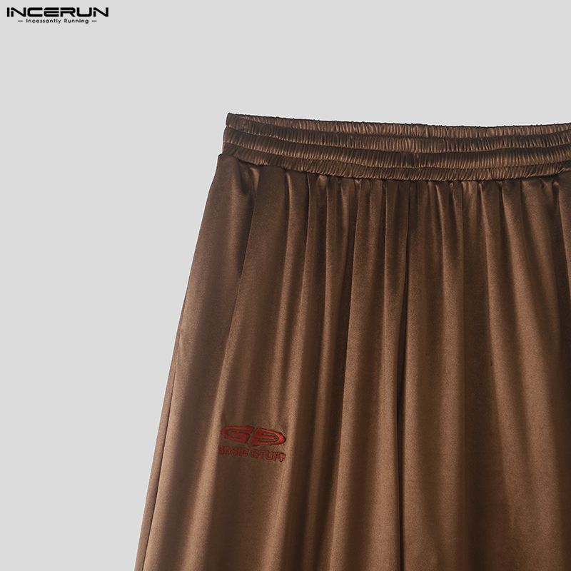 INCERUN Men's Y2K Glossy Baggy Wide Leg Pants Streetwear Hip Hop Casual Elastic Waist Bottoms