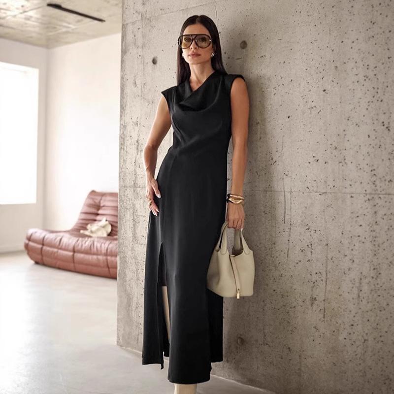 French Retro Elegant Black Swinging Neck Dress Women's Autumn Temperament A Pendulum Sleeveless Vest Skirt Women's Clothing