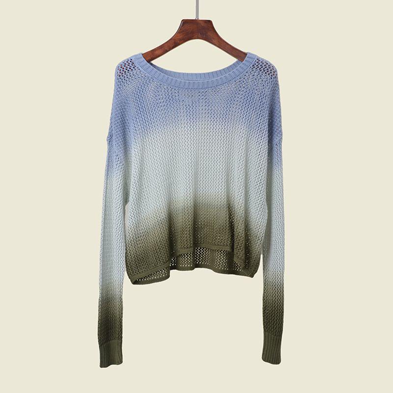 Foreign Trade Original Order Card Missing Pure Cotton Gradient Color Long Sleeves Cut Out Knitwear Loose Version Pullover Tops