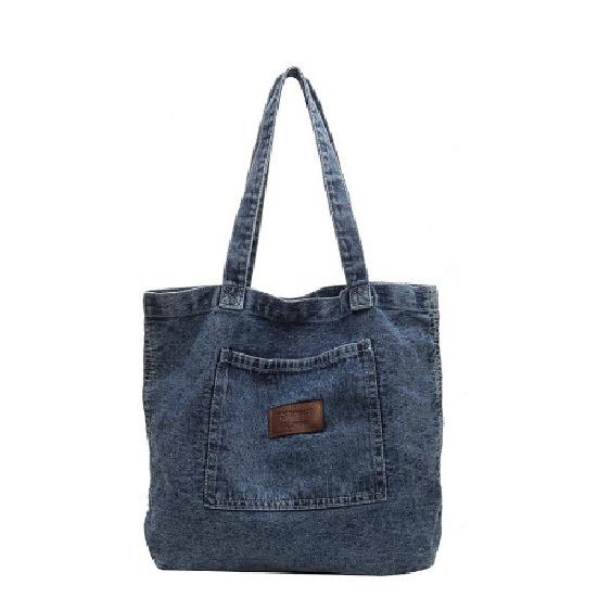Vintage Washed Denim Tote Bag Casual Large Capacity Single Shoulder Carryall Stylish Purse