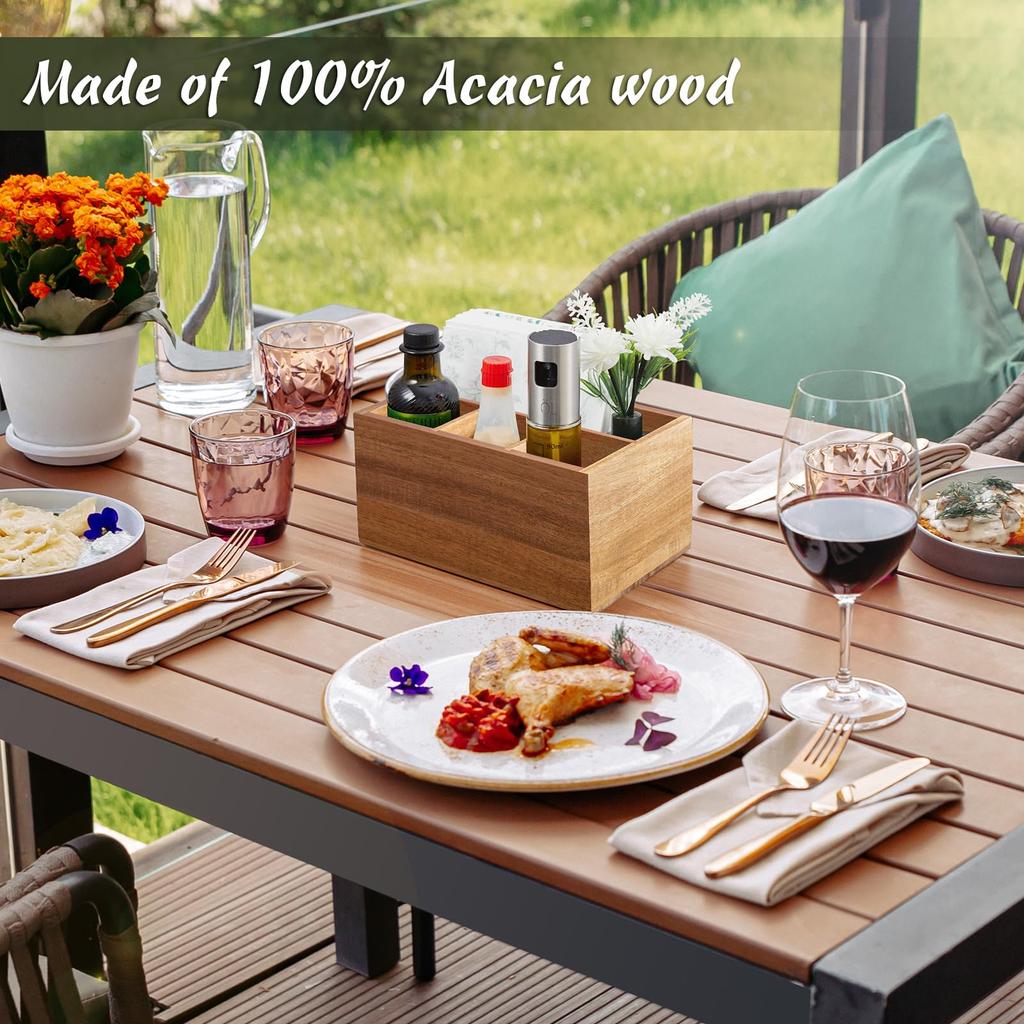 DRASTAR Acacia Wood Utensil Tray with 4 Compartments Built-In Napkin Holder Handcrafted Cutlery Organizer for Kitchen Table Party Picnic Versatile