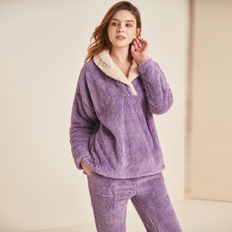 

Fashion Color Contrast Stuffed Pajamas Suit Women Fleece-lined Thickened Youth Homewear Suit Casual Winter Set Suit Women Purple L