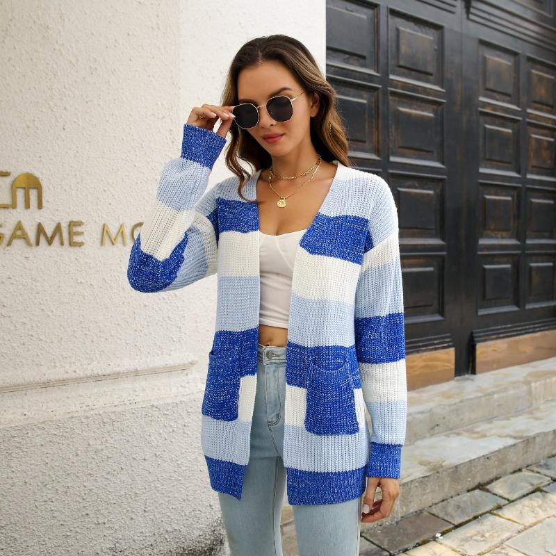 Women S Color Block Striped Pocket Cardigan Sweater Coat