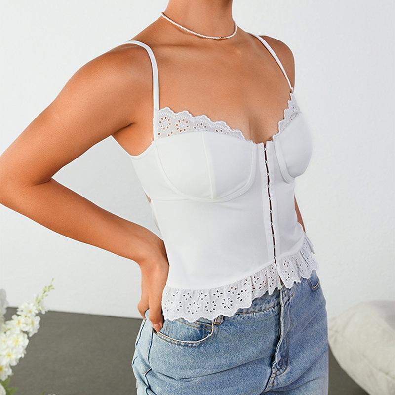Embroidered hollow sling women's vest, European and American sexy backless front buckle spliced short sling top