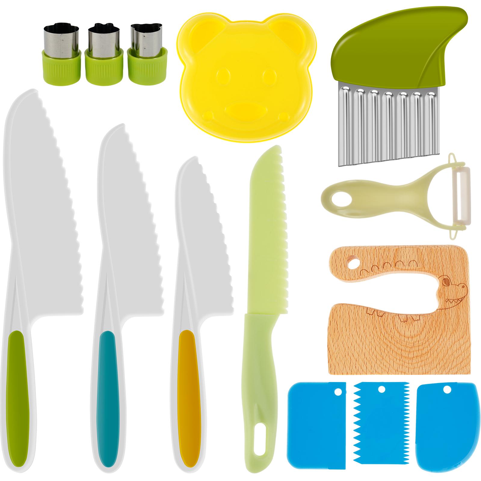 14Pcs Kids Cooking Cutter Set Toddler Safe Knife Kids Wood Cutter Cooking Plastic Fruit Knives for Cut Fruits Kitchen Peeler