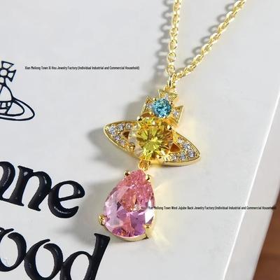 Empress Dowager Saturn Zircon Pendant Necklace - Exquisite Water Drop Design, Super Flash, Elegant Light Luxury Clavicle Chain