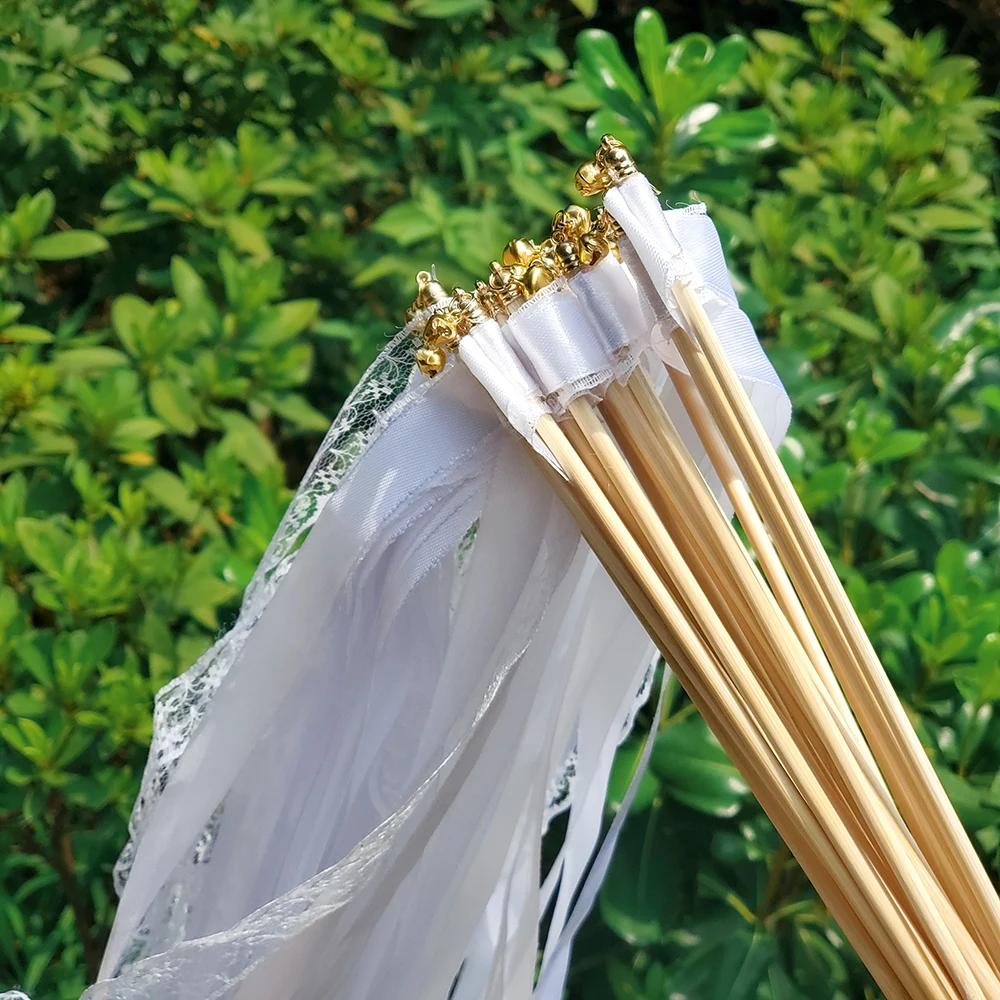 

White Ribbon Wands Fairy Sticks Wedding Twirling Lace Streamers With Golden Silver Bell Party Cheering Prop Favor for wedding 20pcs
