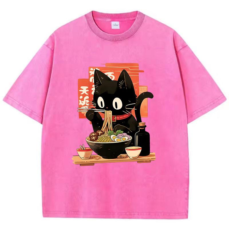 Streetwear T-Shirt Vintage Gewaschenes Baumwoll-T-Shirt Schwarz Ramen Katze Japanischer Anime-Stil Grafik-T-Shirt Lässig Frühling Sommer