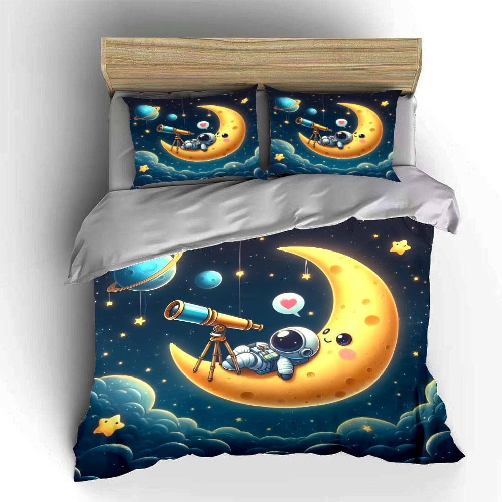 Astronaut Stargazing Cute Moon Set Exquisite Three-Piece Bedding Set Gift For Kids And Adults