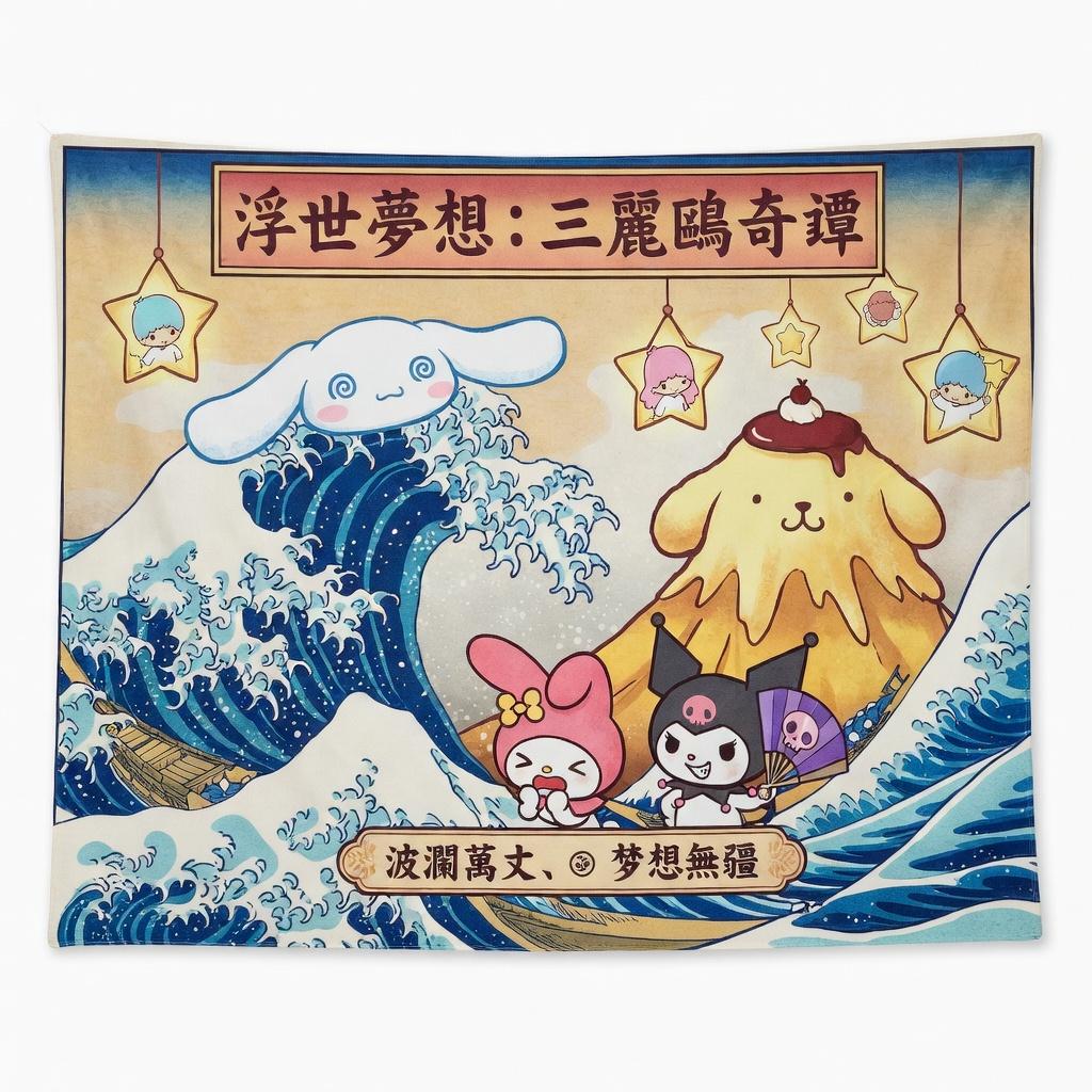 Sanrio Cinnamoroll Kuromi My Melody Pompompurin Ukiyoe Great Wave Tapestry Kawaii Aesthetic Wall Hanging Bedroom Decor