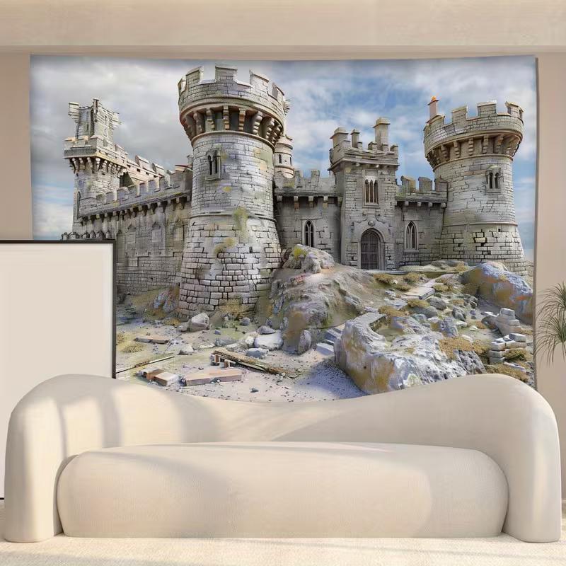 2D Fantasy Medieval Castle Ruins Tapestry Ancient Stone Fortress Wall Decor Cloth for Home & Bedroom
