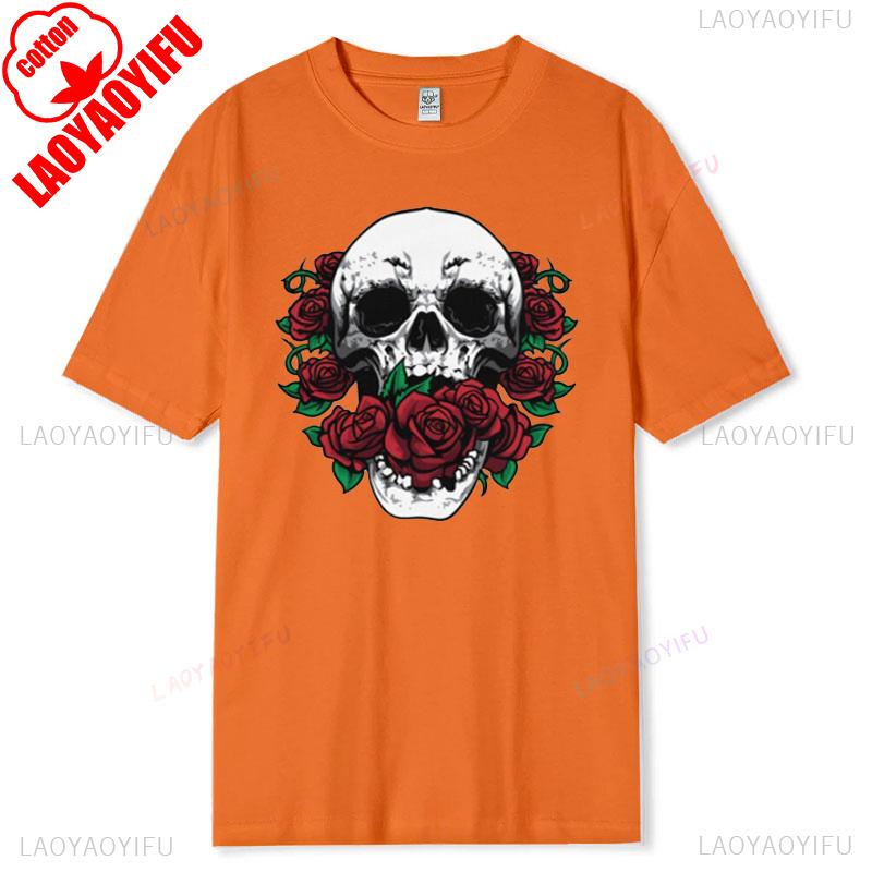 Skull and Red Roses Skeleton Gothic Hipster Novelty ShortSleeve Unisex TShirt Skeleton and Flower Pattern Cotton Casual Shirt