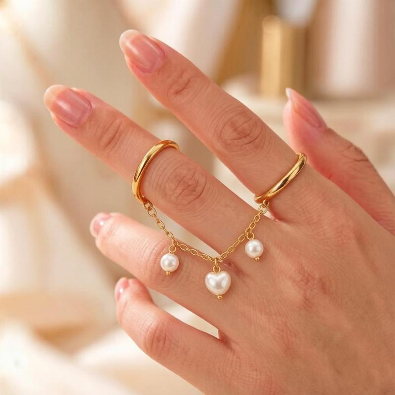 Stainless Steel Chain Ring for Neutral Heart Pearl Zircon Pendant Connected Stackable Ring Fashion Colorfast Jewelry Accessories