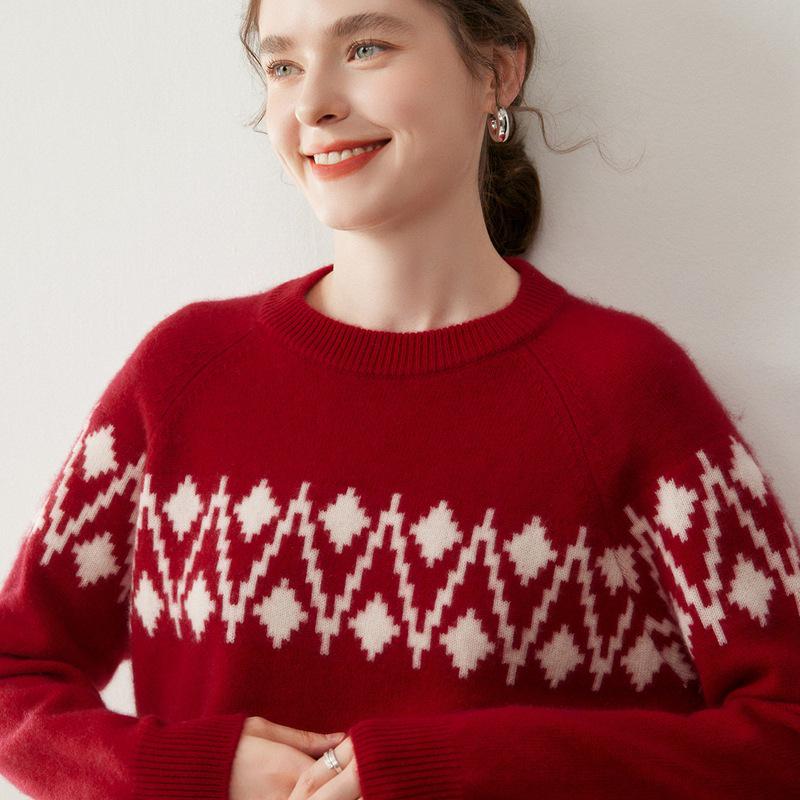 

Женский кашемировый джемпер с жаккардовым узором и круглым вырезом - Плотный, стильный и мягкий для осени/зимы One Size