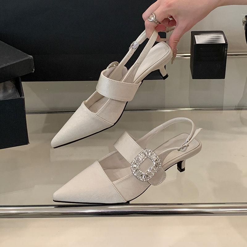 

Fashion Luxury Fashion Rhinestones Party Ladies Thin Heels Sandals Shoes Female Buckle Footwear Women Medium Heels Sandals Pumps Shoes 35 бежевый
