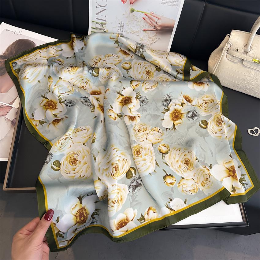 Elegant Ginkgo Leaf Print Silk Square Scarf – Versatile Headscarf for Spring and Summer