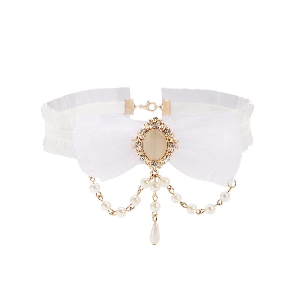 Harajuku Bead Tassel Lace Bow Choker, Minimal Elegant Short Neck Collar