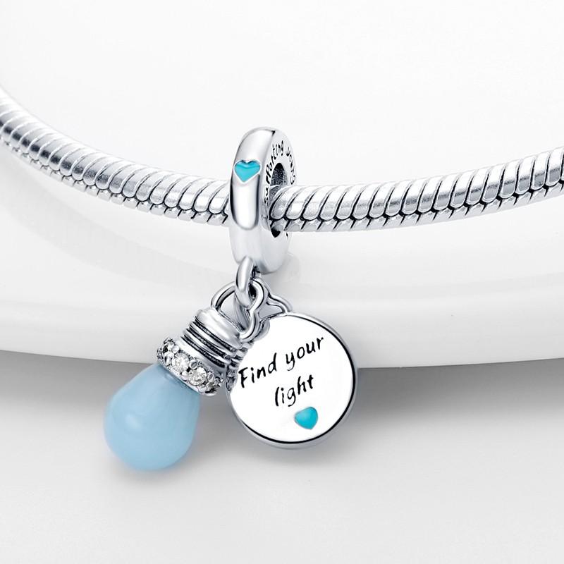 Charms Bead Copper Light Blue Glow-In-The-Dark Bulb Shape Dangle Fit Bangle Bracelet Necklace Diy Jewelry