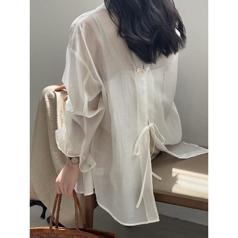 Chinese Plate Button Lightweight Sun Shirt Women's Summer Back Split Blouse Tops