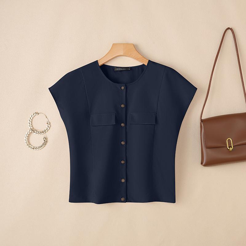 ZANZEA Women Casual Round Neck Solid Color Short Sleeve Blouse