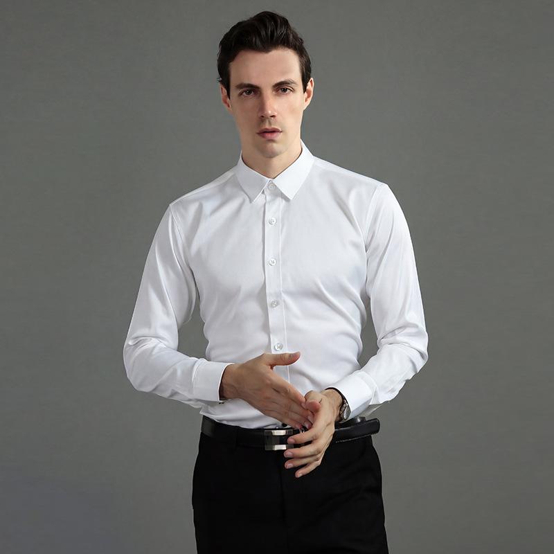 Heren Koreaanse Stijl Slim Fit Effen Kleur Strijkvrij Stretch Ademend Business Casual Lange Mouw Wit Overhemd.