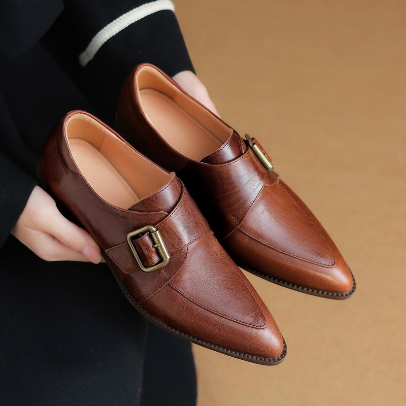 Fashion Women's New Pointed Retro Metal Belt Buckle with Genuine Leather Cowhide Mid Heel Large Oxford Single Shoes