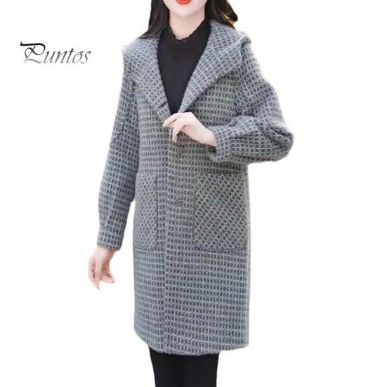 Casaco de lã feminino outono inverno com bolsos laterais, com capuz, trespassado, solto, xadrez, comprimento médio, grosso, sobretudo para manter o calor, para deslocamento, namoro, viagem