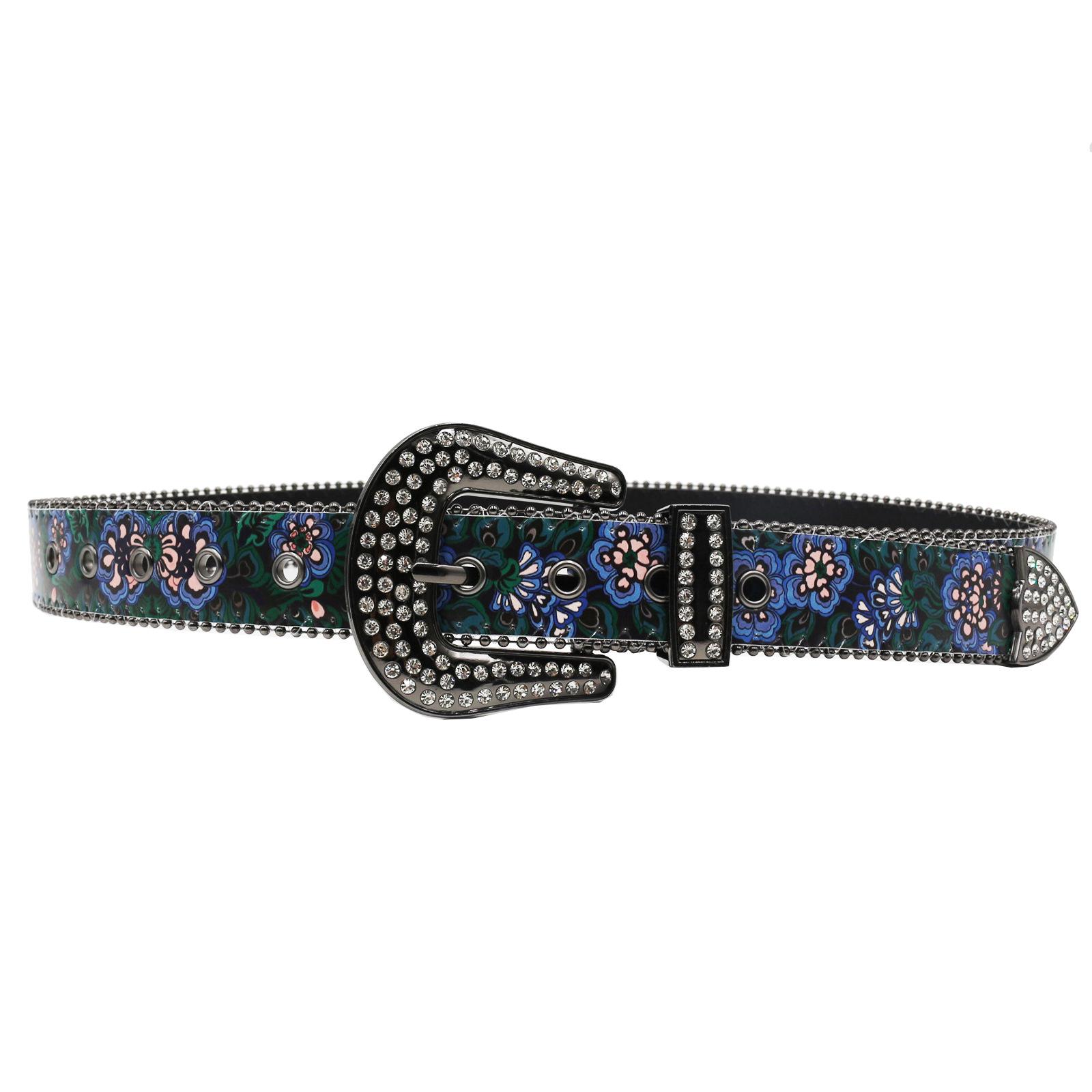 Универсальный женский ремень со стразами с фиолетово-зеленым цветочным узором - Стильный тонкий аксессуар для талии 115 cm белый