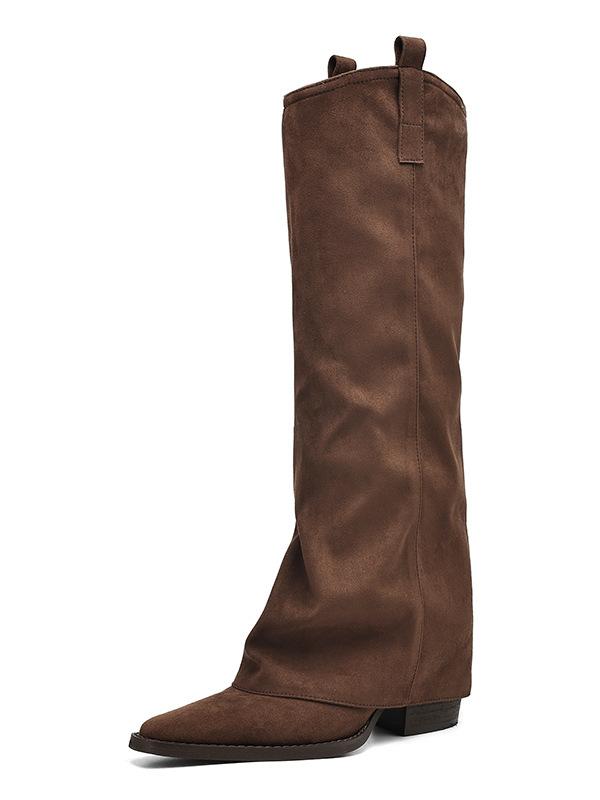 

2025 new Maillard thick-heeled trouser boots women s brown pointed boots autumn and winter high-heeled knight boots 43 коричневий