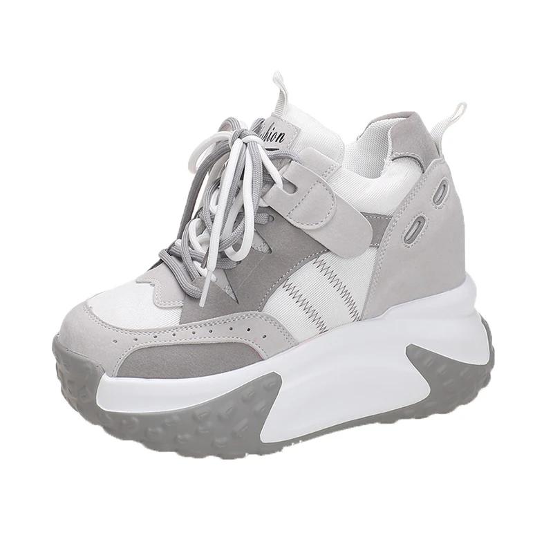 Fashion Women Platform Casual Breathable Leather Shoes New Autumn Chunky Sneakers 10.5CM Wedges Hidden Heels Leisure Sports Shoes Woman