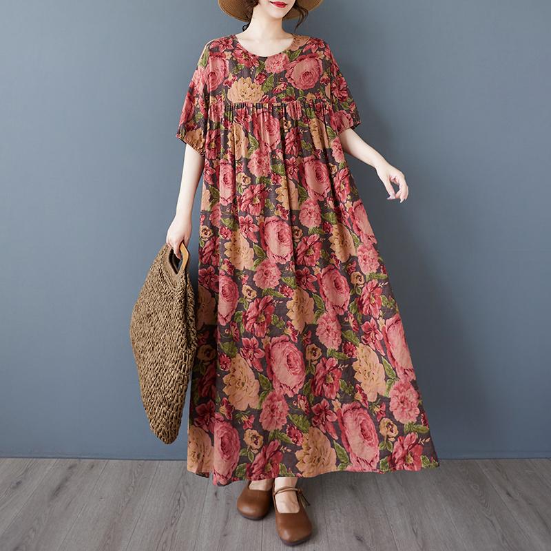 DIMANAF 2025 Summer Women Plus Size Vintage Long Dress Short Sleeve Casual Basic Floral Printing Loose Dress