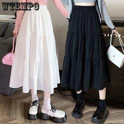 Vintage Solid Color Double Layer Women French Ruffled A-line Pleated Skirts Half Skirt Female White Long Skirts