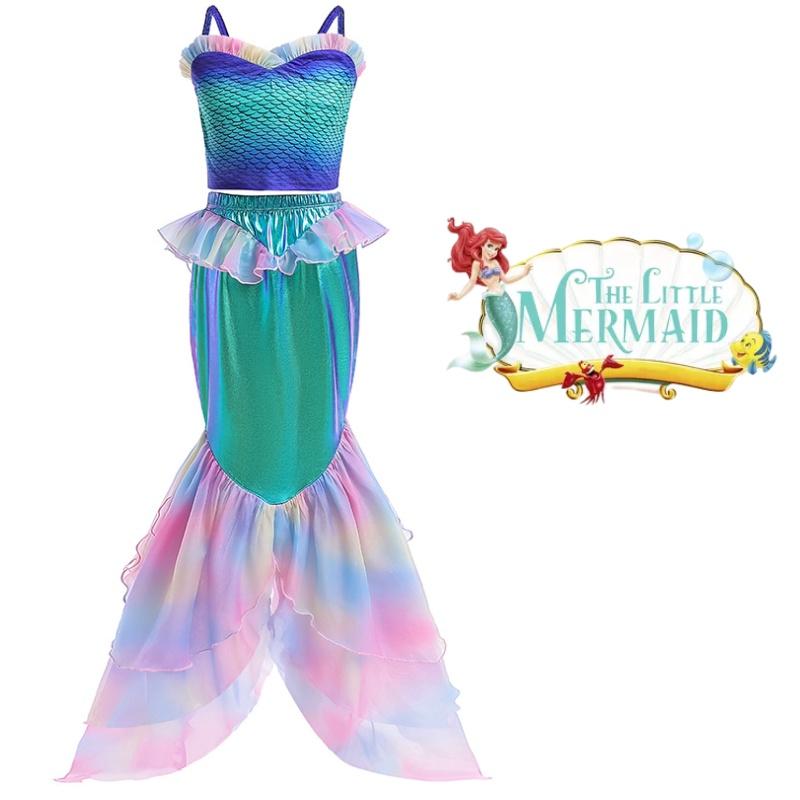 Girls Mermaid Cosplay Swimwear Set With Lace Splice And Halter Neck Skirt