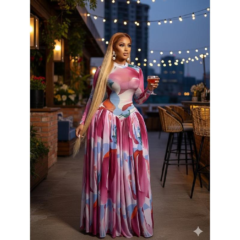 Women's 2026 Spring New Elegant Printed Slim-Fit Party Dress Pleated Dress