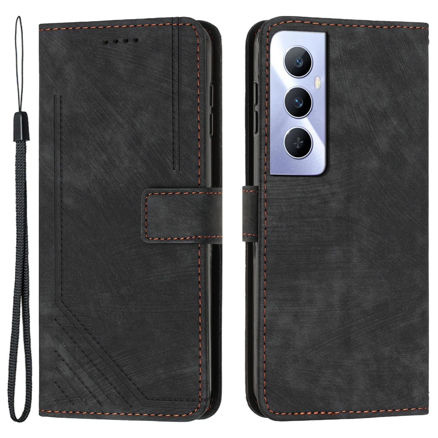 

For Realme C65 4G Case Imprinted Lines Wallet Leather Flip Phone Cover Black