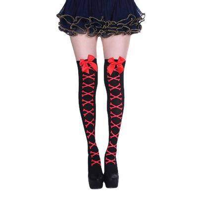 Skull Print Halloween Thigh High Bow Socks – Women's Over-the-Knee Style