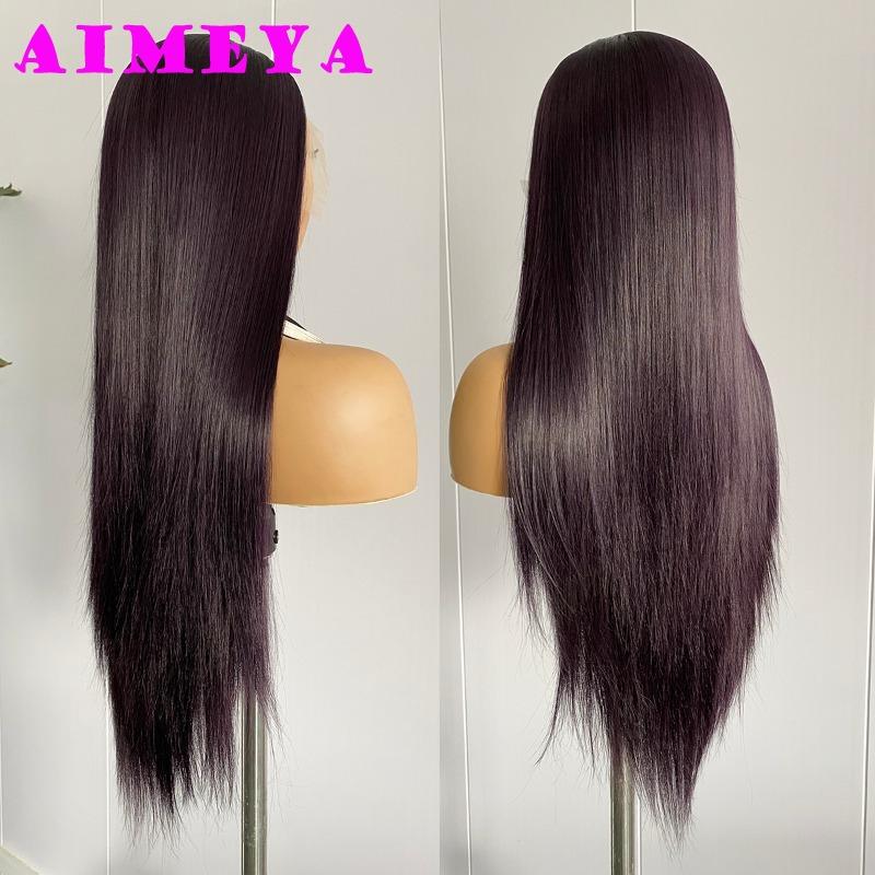 AIMEYA Dark Purple Long Silky Straight Wig Synthetic Lace Front Wigs for Women Heat Resistant Natural Hairline Daily Wear