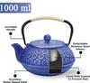 Stylish Iron Teapot, No Enamel, Induction Compatible, for Direct Heat, Blue Cherry Blossom Design, 1000ml
