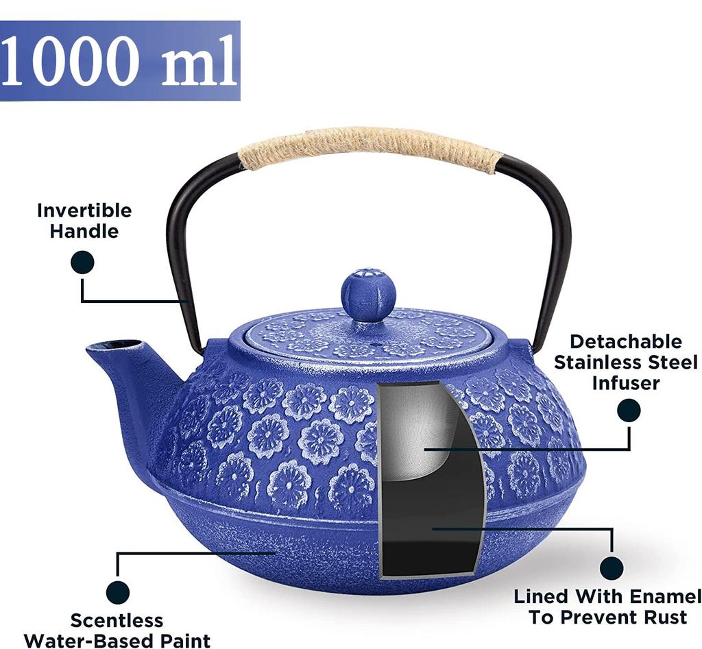 Stylish Iron Teapot, No Enamel, Induction Compatible, for Direct Heat, Blue Cherry Blossom Design, 1000ml