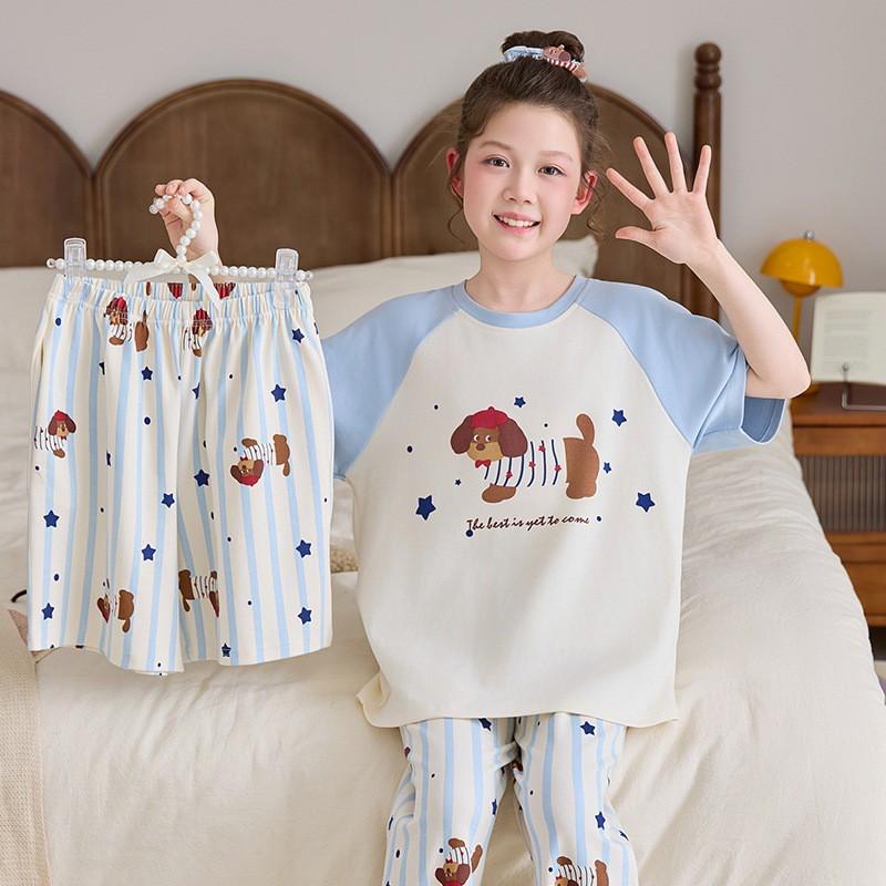 Girls Cotton Pajama Set Short Sleeve Long Pants Cartoon Print Sleepwear Kids Home Wear