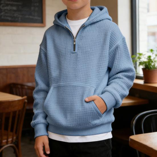 Waffel-Kapuzenpullover für Jungen, Viertelreißverschluss, Kapuzenpullover, Kinder, Langarm, Strickpullover, Oberteile mit Tasche für Teenager und Kinder, 3-14 Jahre