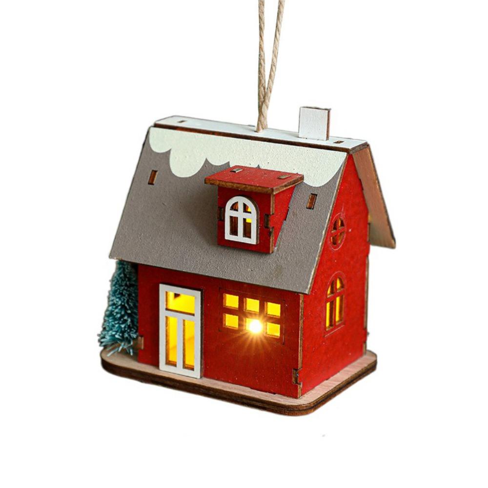 Decorative Christmas Snow House Pendant Elk Hanging Lighting Glowing Log Cabin Mini Christmas Tree LED Wooden Christmas House